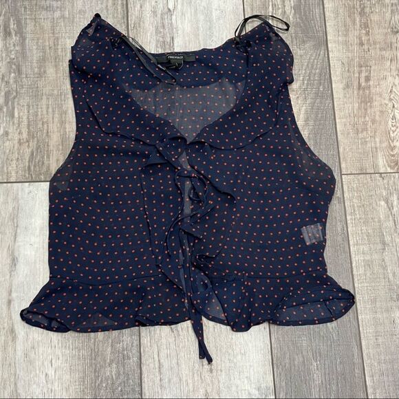 Forever 21 Sheer Peplum Navy and Orange Polkadot Crop Top Size Small - Picture 9 of 12